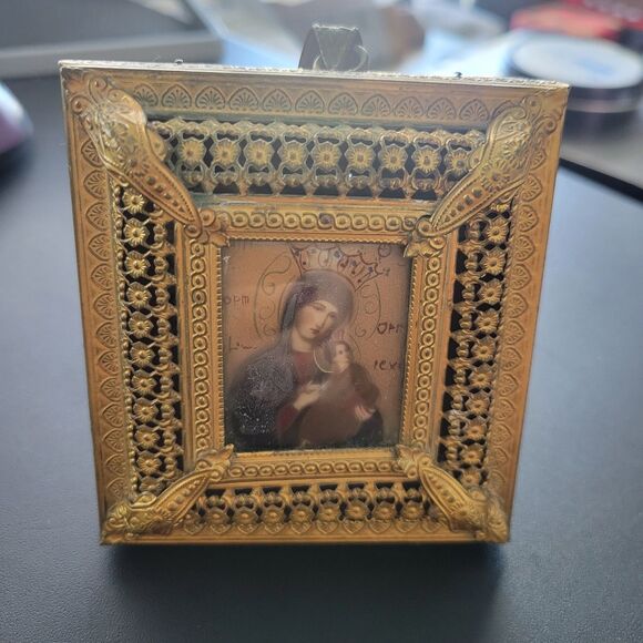 Reuge Music Box Vntg Ornate Gold Framed Madonna & Child Icon Religious FLAW - Picture 1 of 10